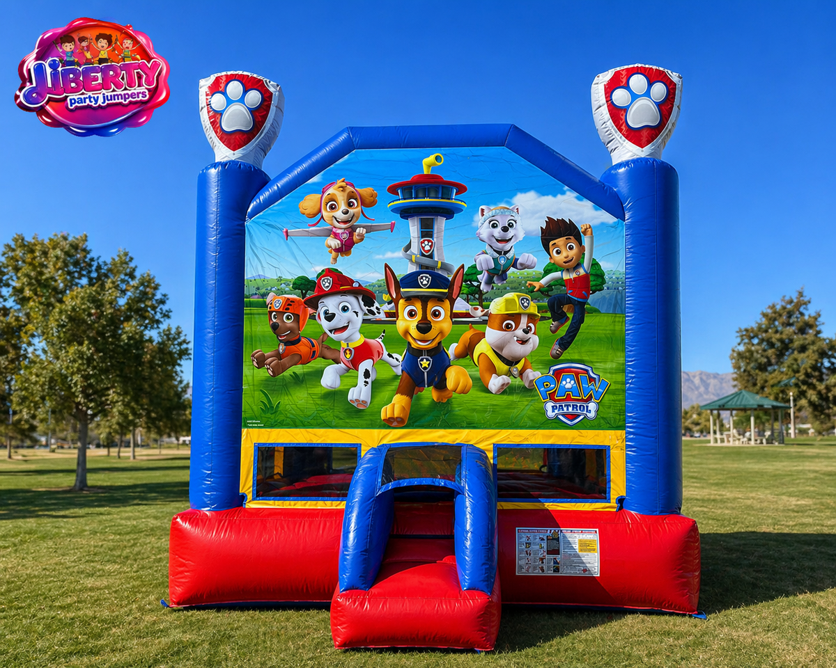 PAW Patrol bounce house rental featuring colorful characters, ideal for children's parties by Liberty Party Jumpers in Henderson Nevada