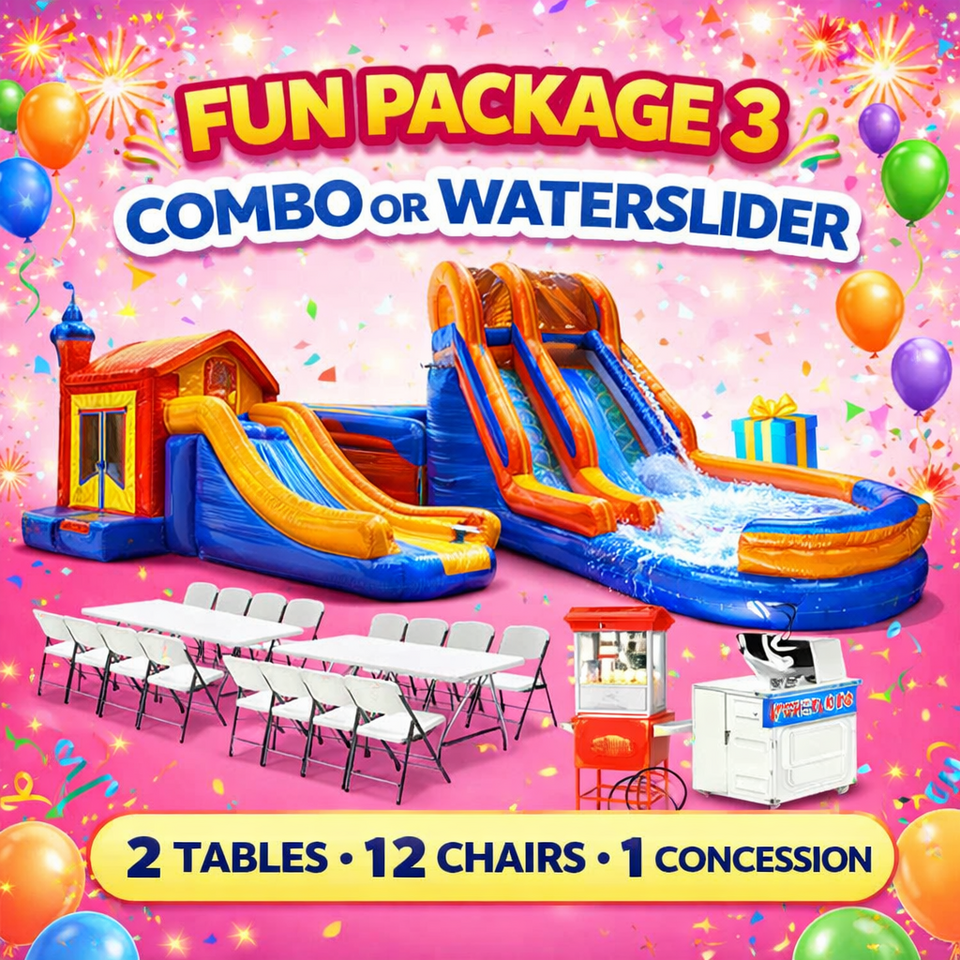 Water slide party package Las Vegas with inflatable tables chairs and concession machine