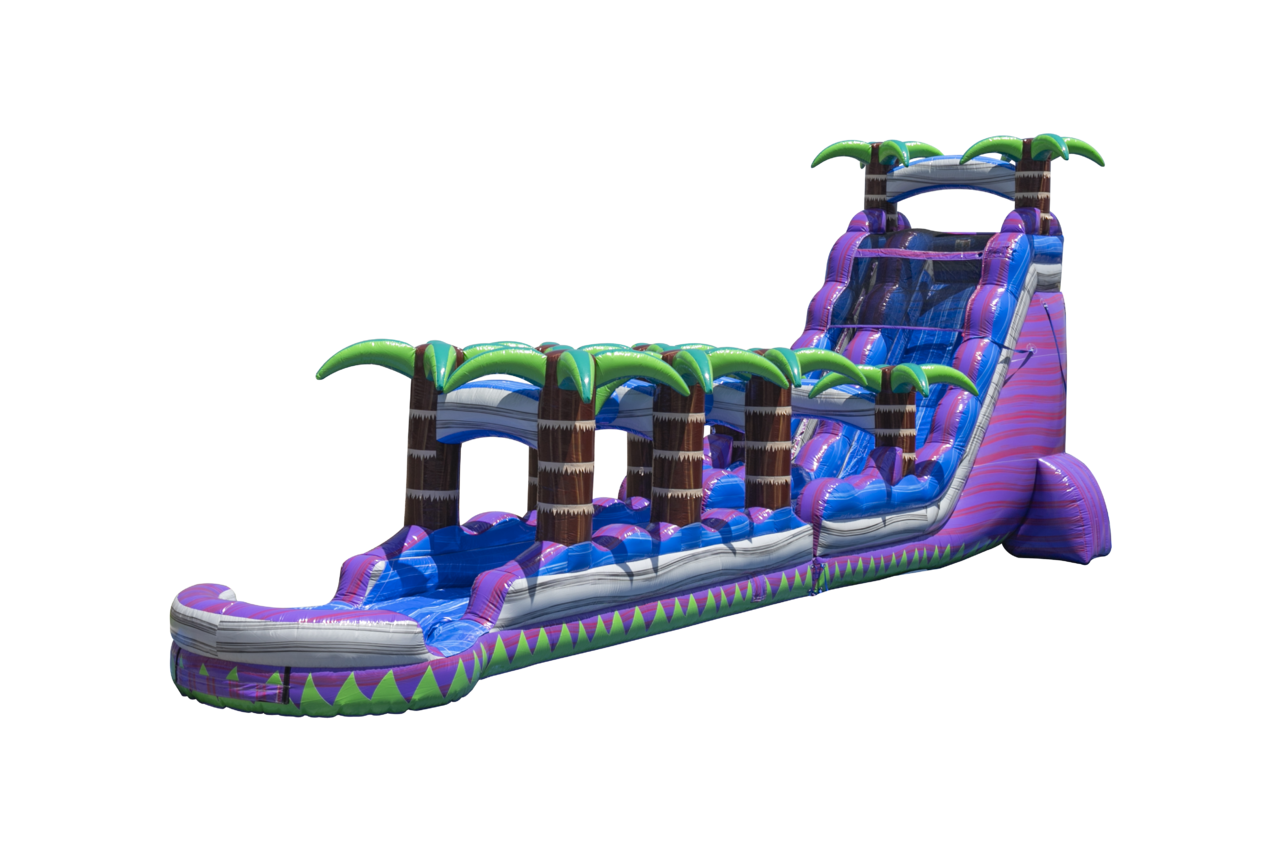 Tropical purple inflatable water slide with palm trees and long slip-n-slide