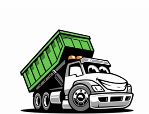 A large dumpster rental trailer parked