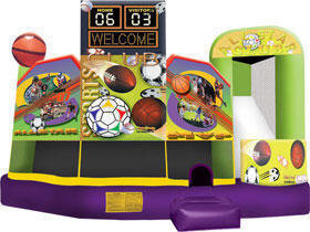 Rent the Naperville Sport Bounce House, which includes a slide, jumpy area, basketball hoops, and a 5-in-1 feature.. 