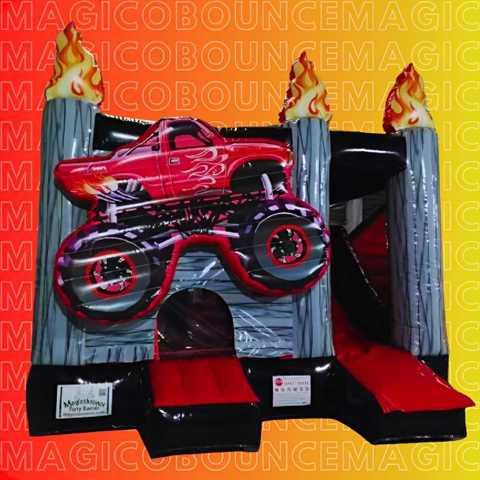 inflatable with a red monster truck in front with flames in the corners and a slide on the side
