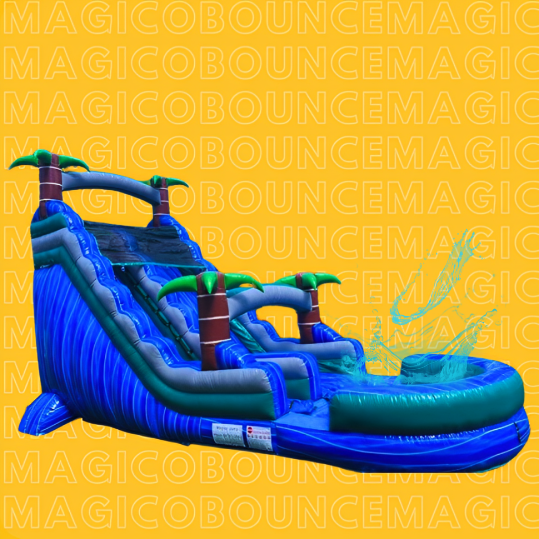 yellow background image with white letters that say magical bounce with double blue slide with white lines and gray stripes with palm trees in the center and above the inflatable