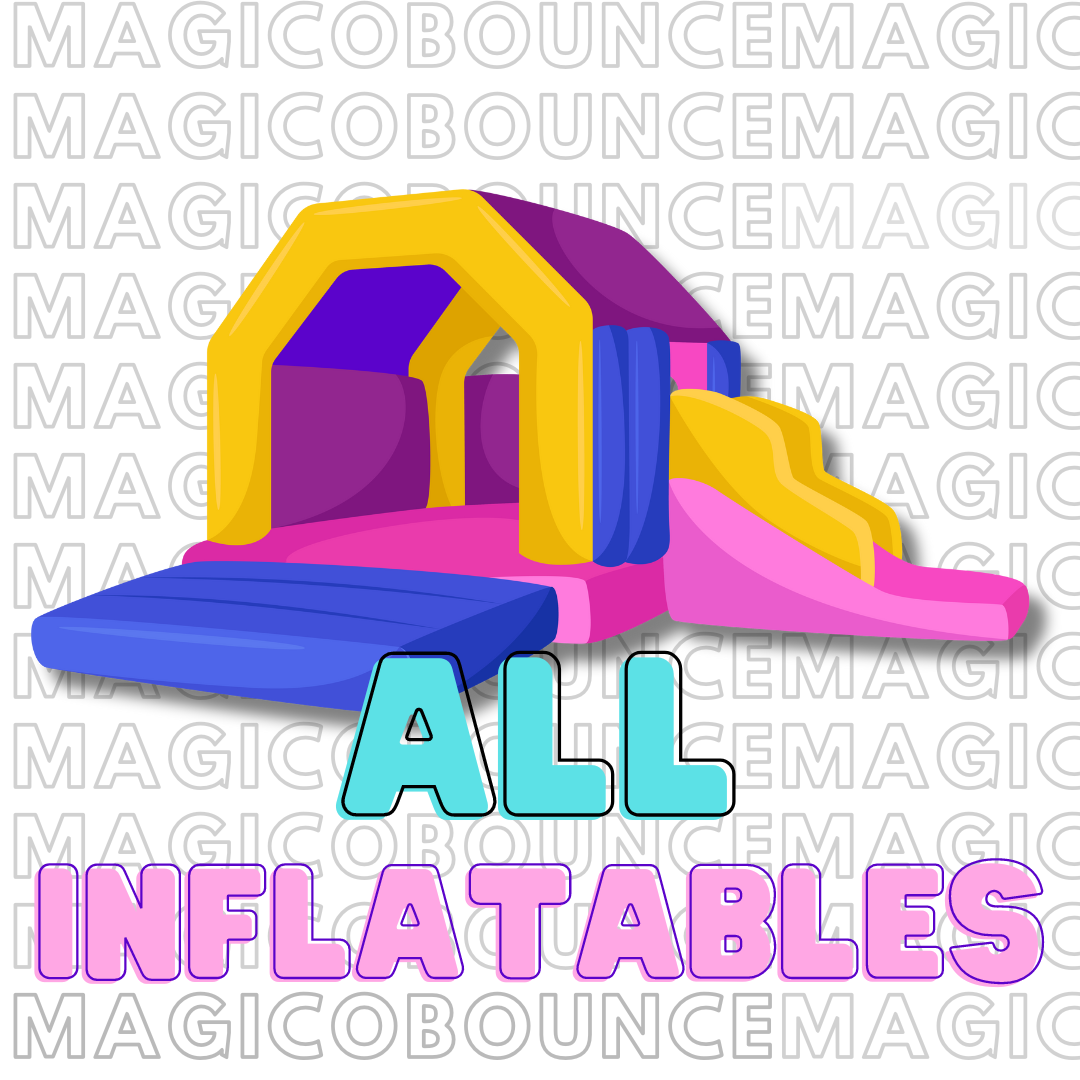 inflatable castle icon with pink and blue slide with the legend all inflatables
