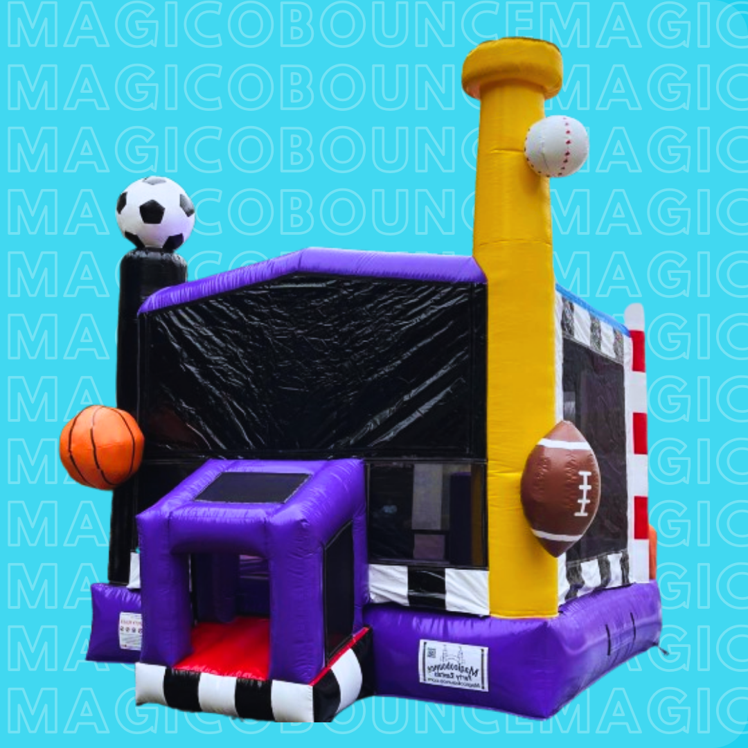 inflatable with a blue background and white letters that say magical bounce, with a black and purple inflatable in front with a covered entrance. with inflatable balls of different sports