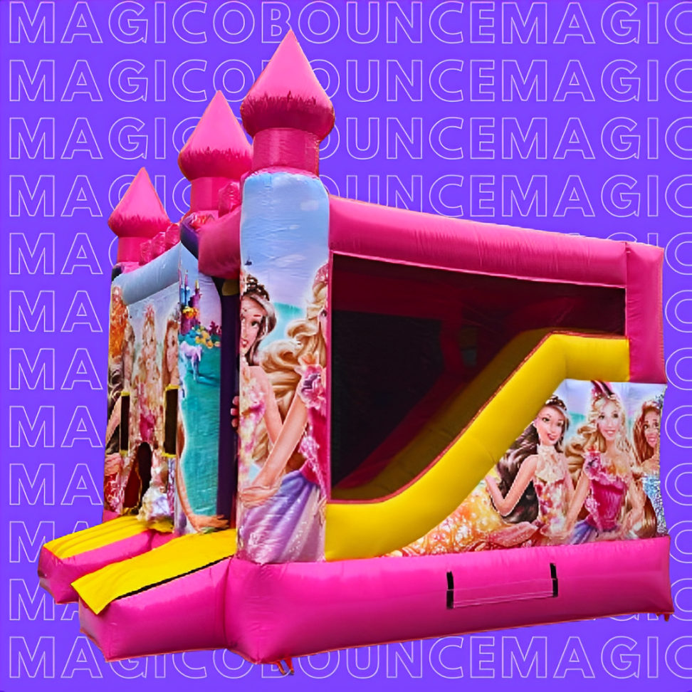Barbie-themed inflatables, pink and yellow. With side slide and images of barbies in front