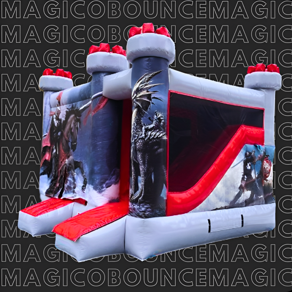 inflatable with a black background and white letters that say magical bounce. gray color with black and red with dragon theme and red slide on the side