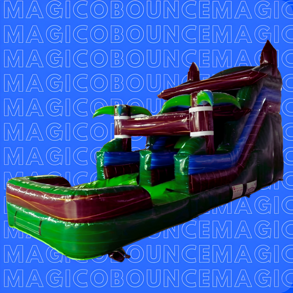 image with a blue background and white letters that say magical bounce, with an inflatable in front with a double slide in green with brown and palm trees on the sides. With a pool area for water or balls