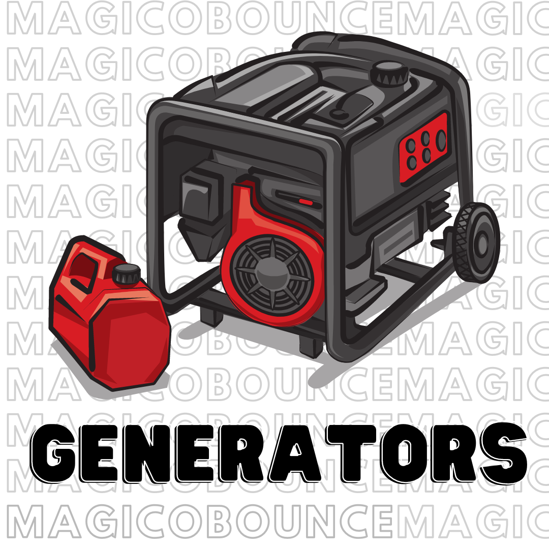 white background image with black letters that say magical bounce, in front an icon of a black and red electricity generator and a red gasoline can to the side with the legend at the bottom that says generators