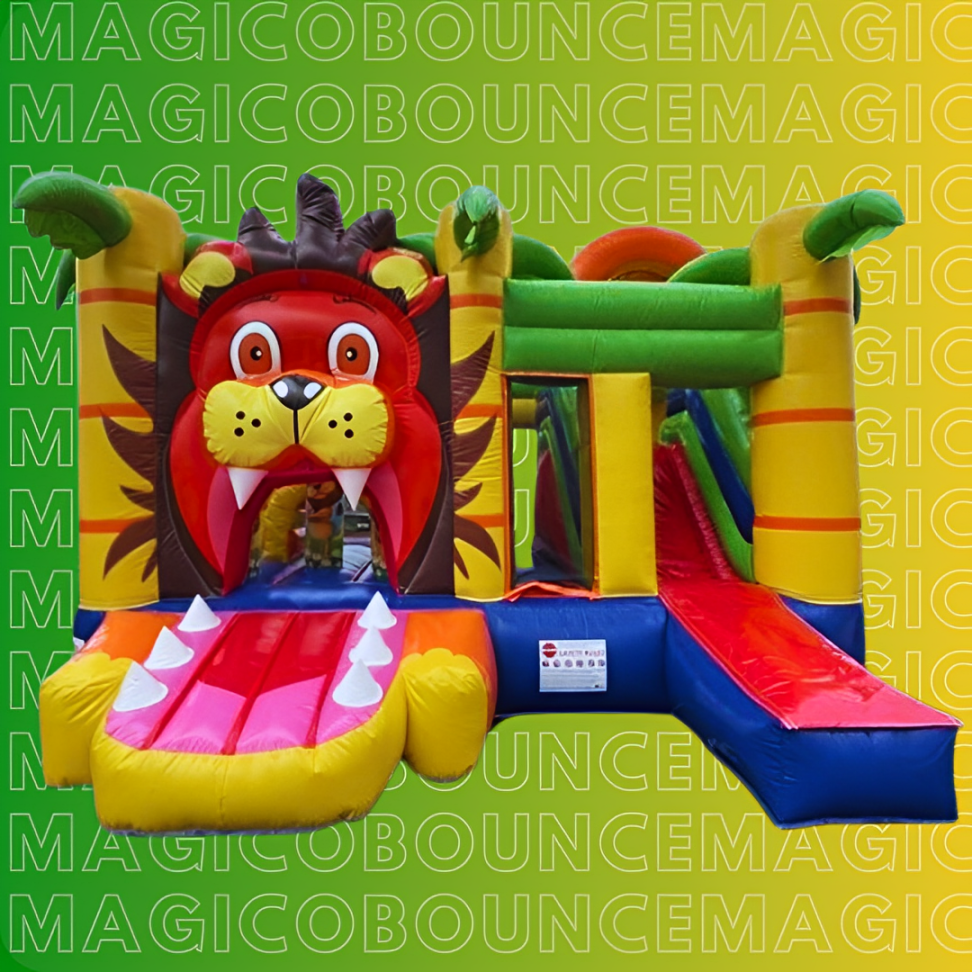 image with green background with yellow. With the legend magical bounce an inflatable lion in the jungle with a slide next to it