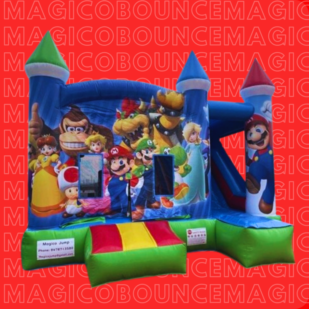 inflatable mario bros, blue with green and yellow, with slide in front