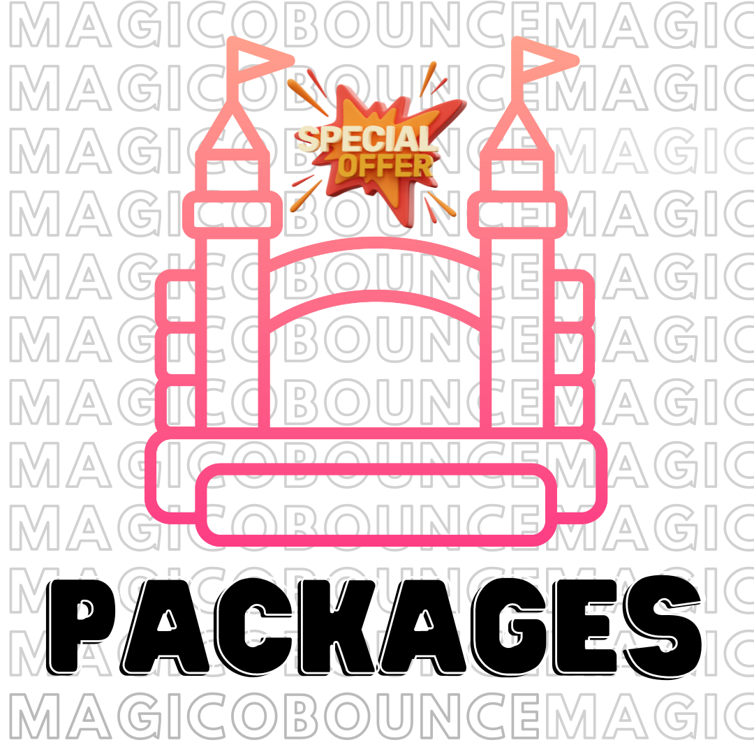 white background image with black letters that say magic bounce, in front a pink and purple inflatable castle icon and above it a special offer message with a legend at the bottom that says packages in black