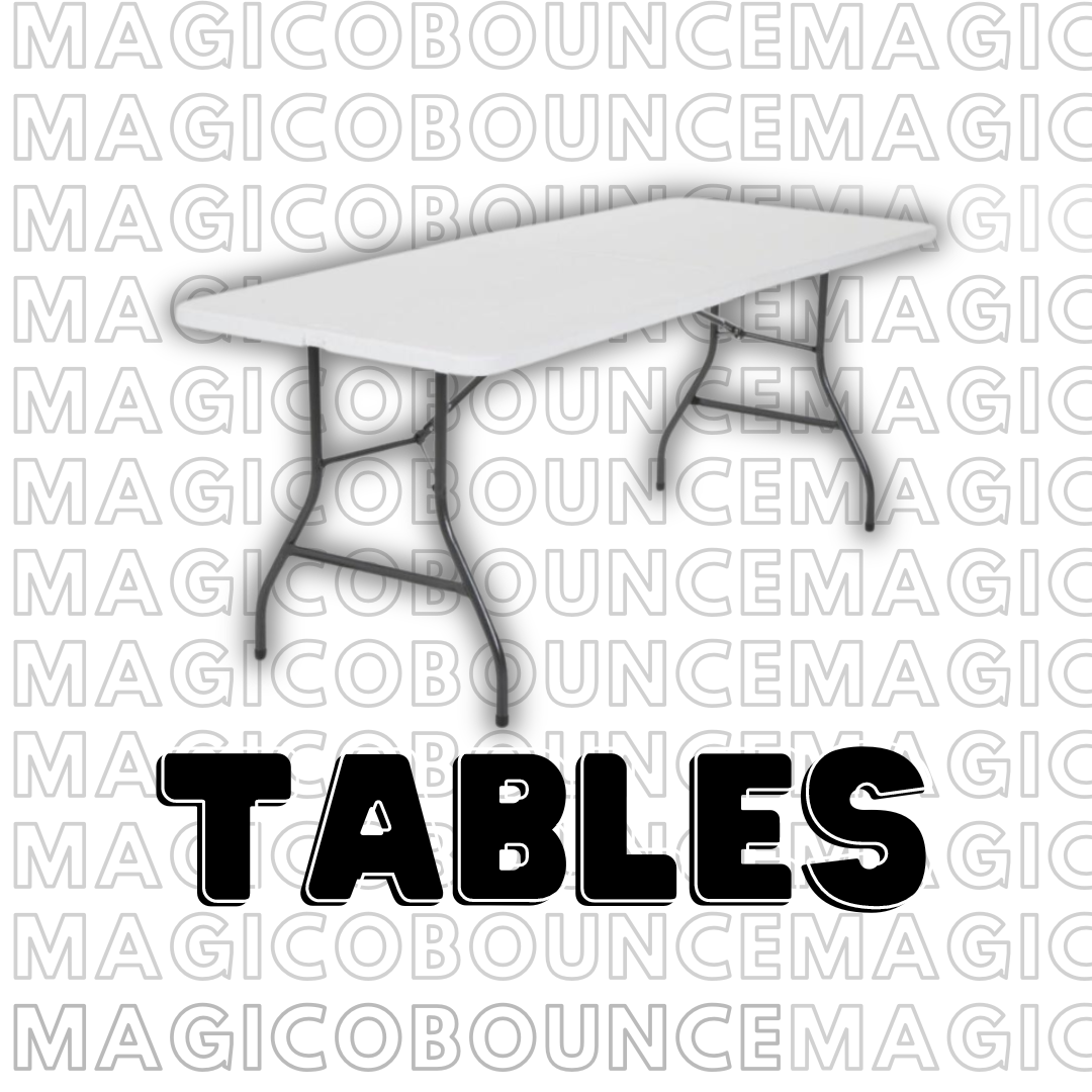 image with a white background that says magical bounce in black letters. With a table icon in front and black letters that say tables