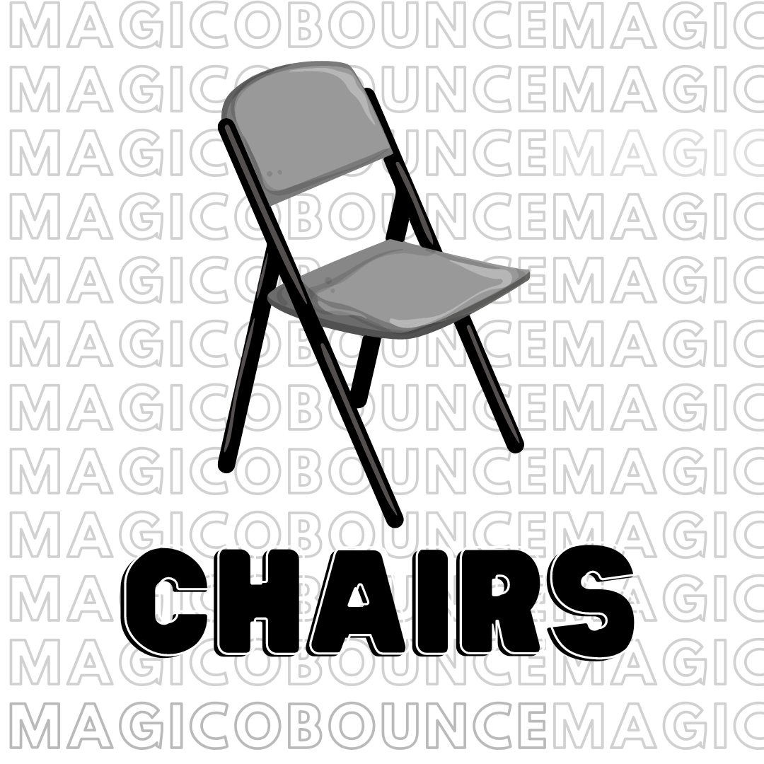 image with a white background that says magical bounce in black letters. With a chair icon in front and a legend that says chairs in black letters