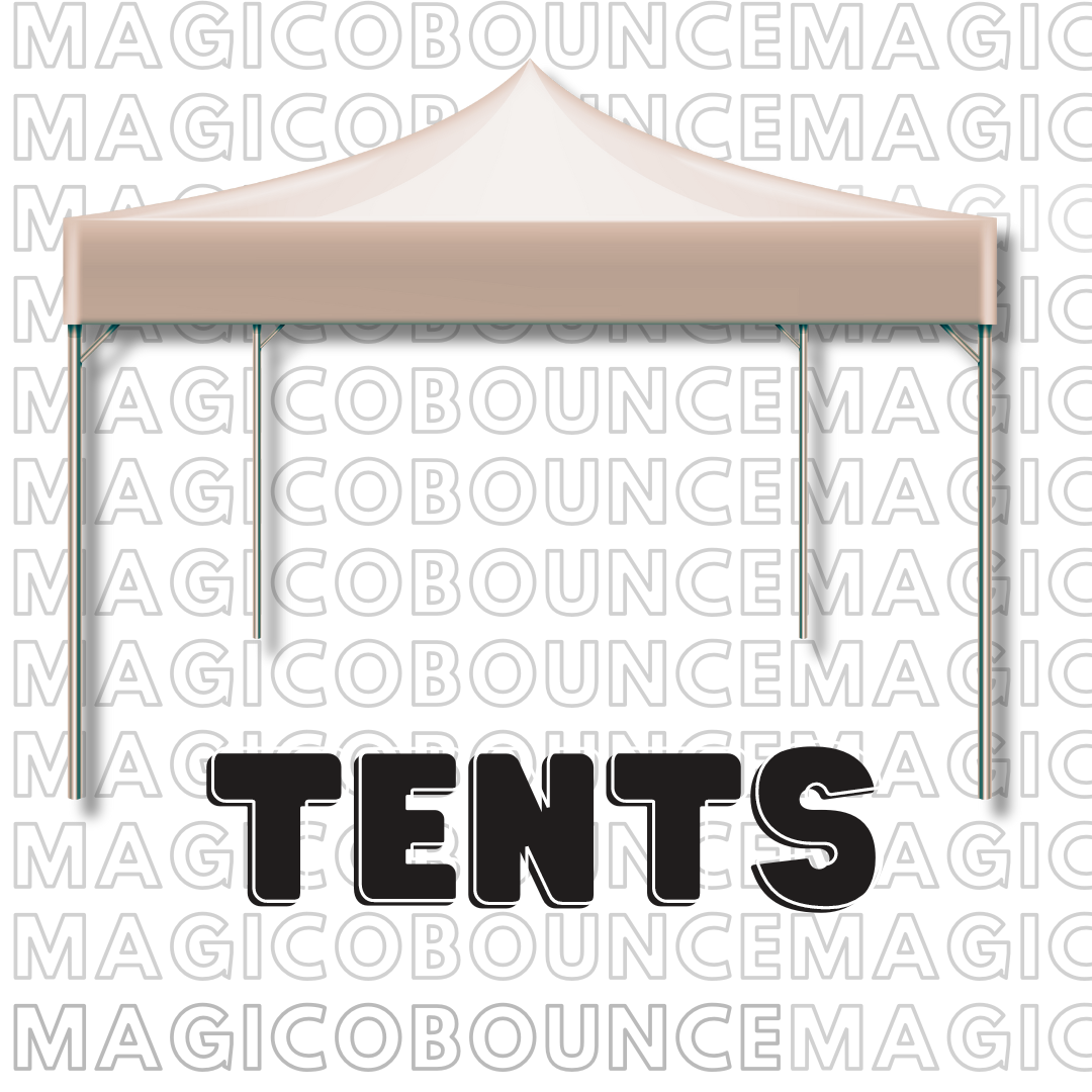 image with a magical bounce background, with a white tent icon and black letters that say tents