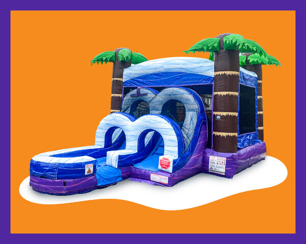 Blue and purple tropical bounce house waterslide 