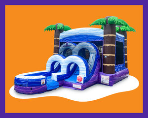 Blue and purple tropical bounce house waterslide 