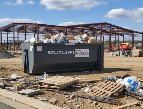 Roll-off dumpster at a commercial construction site for debris removal with Mid-Ark Dumpsters LLC
