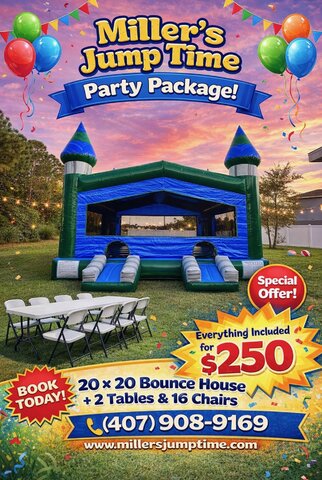 XL Bounce House Party Package with tables and chairs
