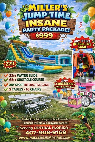 Insane Party Package with water slide, obstacle course, concessions, tables and chairs