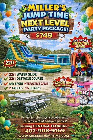 Next Level Party Package with water slide, obstacle course, sports game, concessions, tables and chairs