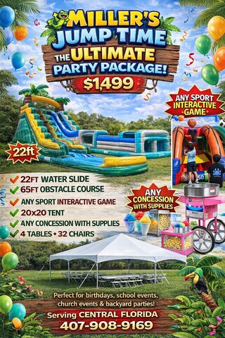 Ultimate Party Package with slide, obstacle, tent, seating