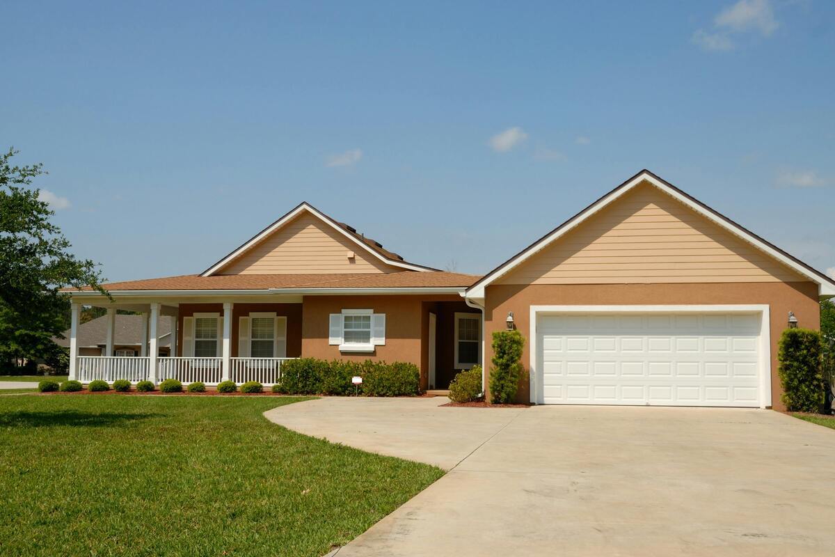 Modern suburban house with a garage and lawn.