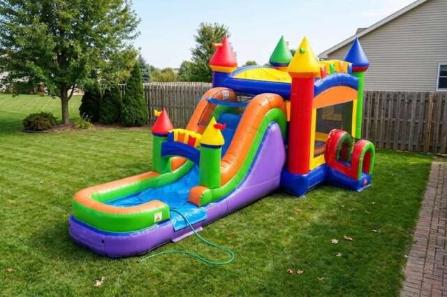 A large multi-colored inflatable bounce house and water slide combo with castle towers set up in a backyard