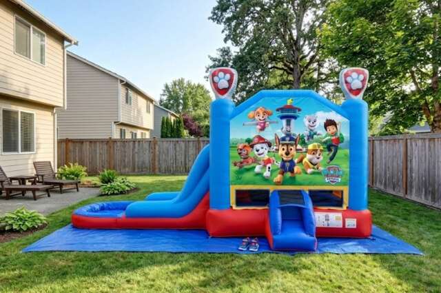 A Paw Patrol-themed inflatable bounce house and slide combo with bright character graphics displayed in a residential backyard