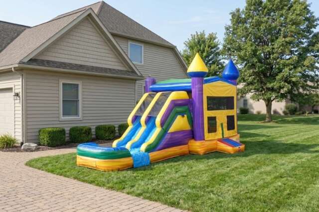 A yellow, blue, and red inflatable bounce house and water slide combo set up on a backyard patio next to a suburban home