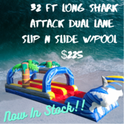 32 FT Dual Lane Shark Attack Water Slide Slip N Slide w/Pool