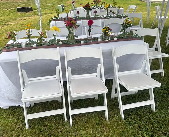 10' x 20' Pop Up Tent (x 2), white resin chairs (36), 6 ft tables (6)