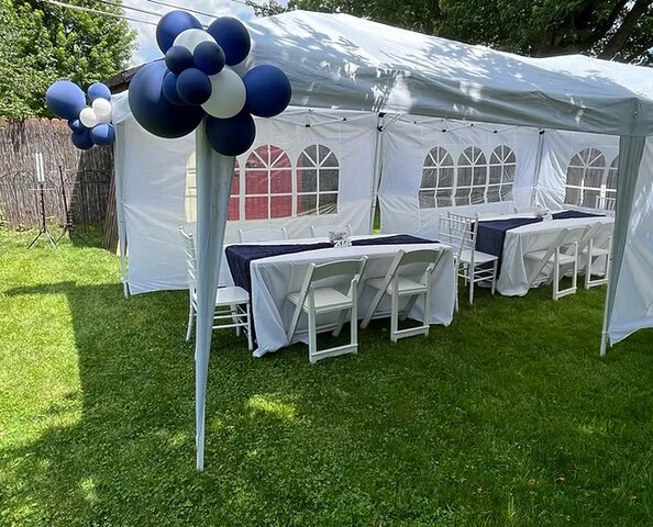 10' x 20' Tent, white resin chairs (18), 6 ft Tables (3)