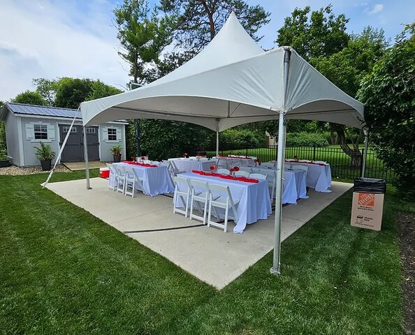20' x 20' High Point Tent (x 2), white resin chairs (72), 6 ft tables (12)