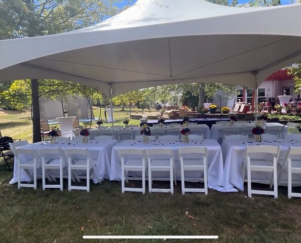 20' x 20' High Point Tent, white resin chairs (36), 6 ft tables (6)