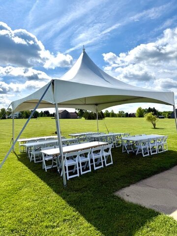 20-ft x 20-ft tent, white chairs (48), 8-ft rectangular tables (6)