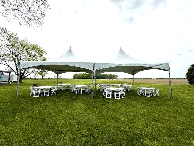 20' x 20' High Point Tent (x 2), white resin chairs (72), 6 ft tables (12)