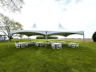 20' x 20' High Point Tent (x 2), white resin chairs (72), 6 ft tables (12)