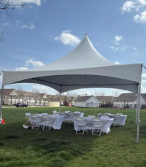 20 x 20-ft tent, (6) 6-ft rectangular tables and 36 plastic chairs