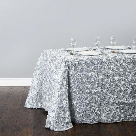 Rectangular Rosette Satin Tablecloth Silver