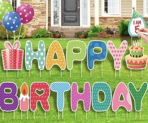 16 PCs Happy Birthday Sign W/Stakes 15”