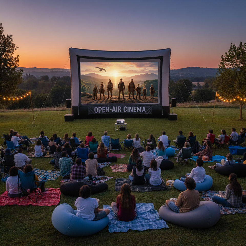 Mobile Party EFXs Plus outdoor inflatable cinema screen movie night.