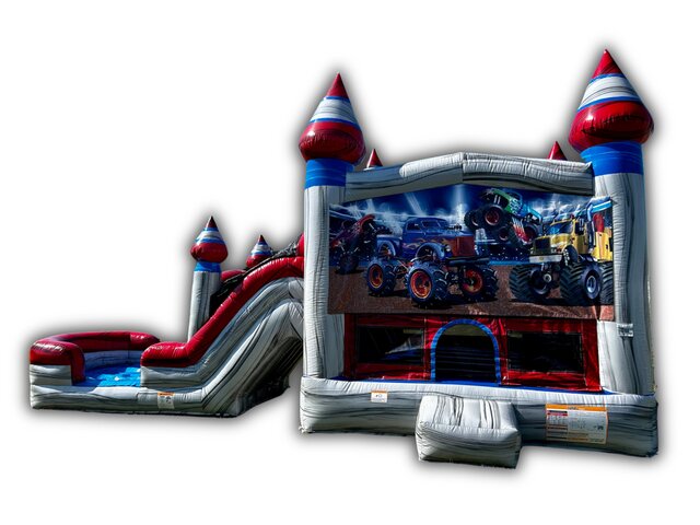 Monster Trucks Bounce House & Dual Lane Slide Combo W/ Splash Landing