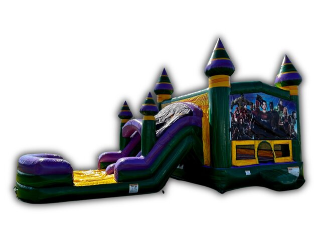 Superheroes Bounce House & Dual Lane Slide Combo W/ Splash Landing