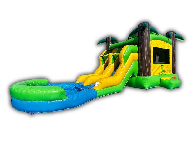 Tropical Bounce House & Dual Lane Slide Combo W/ XXL Pool