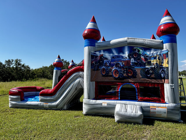 Monster Trucks Bounce House & Dual Lane Slide Combo W/ Splash Landing