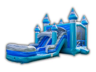 Teal Blue Bounce House & Dual Lane Slide Combo W/ Splash Pool