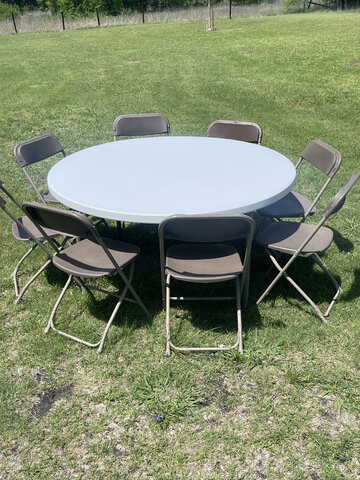 1 60in Round Table + 8 Tan Chairs