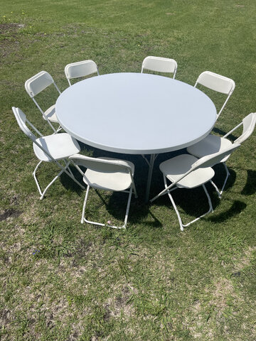 1 60in Round Table + 8 White Chairs