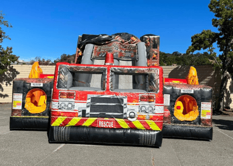 realistic fire truck obstacle course to rent in Windsor from Bay area jumping featuring graphics to make it look like a real fire truck